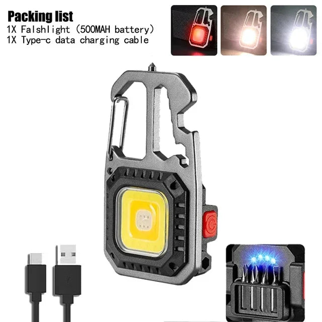 Mini torcia LED portachiavi 6 modalità con cacciavite, apribottiglie e martello