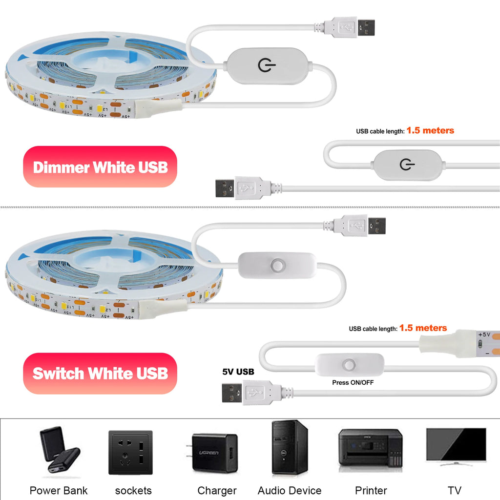 Striscia LED 5V USB 2835, 60 LED/m, luce bianca calda e blu, impermeabile