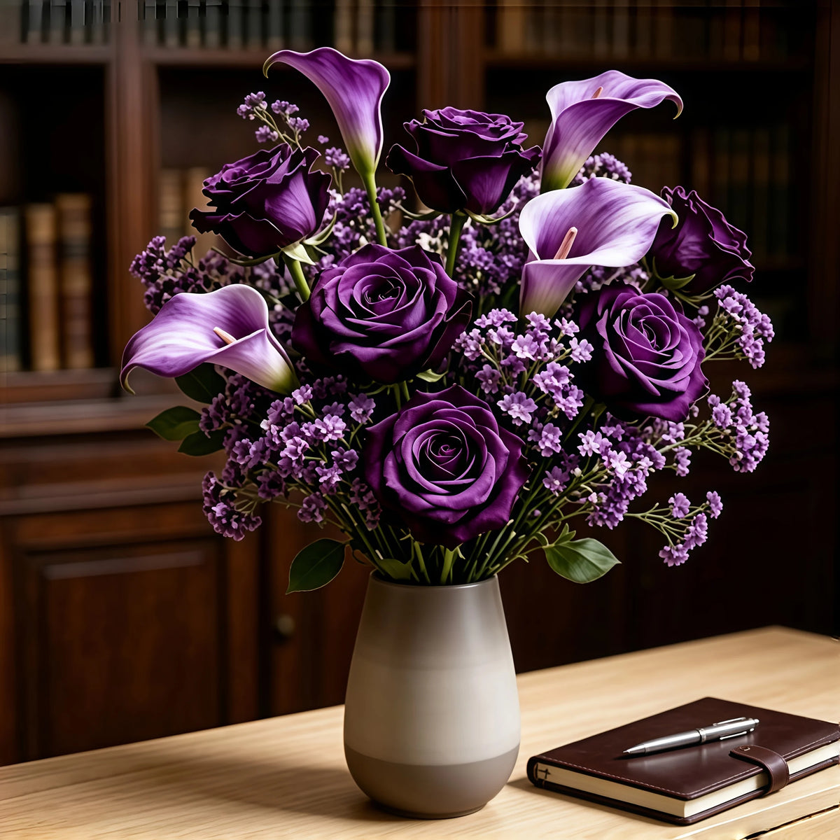 Bouquet di Fiori Artificiali Viola – 3 Rose, 3 Calle, 10 Gypsophila, Senza Vaso