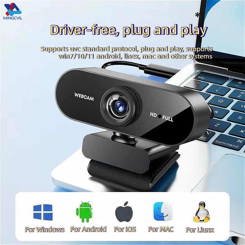 Webcam Mini HD 1080p con microfono USB Plug‑and‑Play per videochiamate
