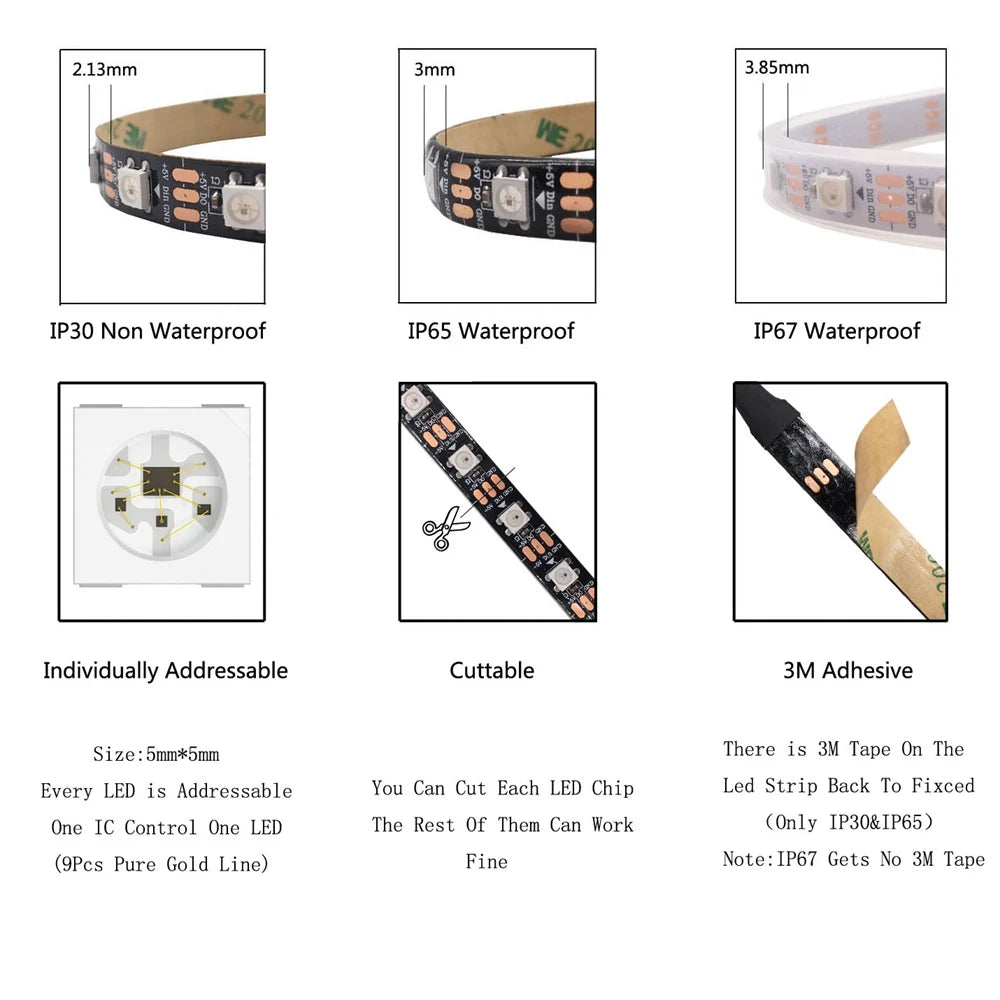 Striscia LED RGB WS2812B 5V 30-144 LED/m, indirizzabile e impermeabile
