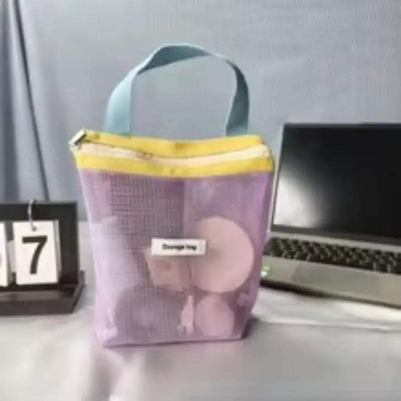 Borsa cosmetica pieghevole in rete, colore vivace, tascabile da spiaggia