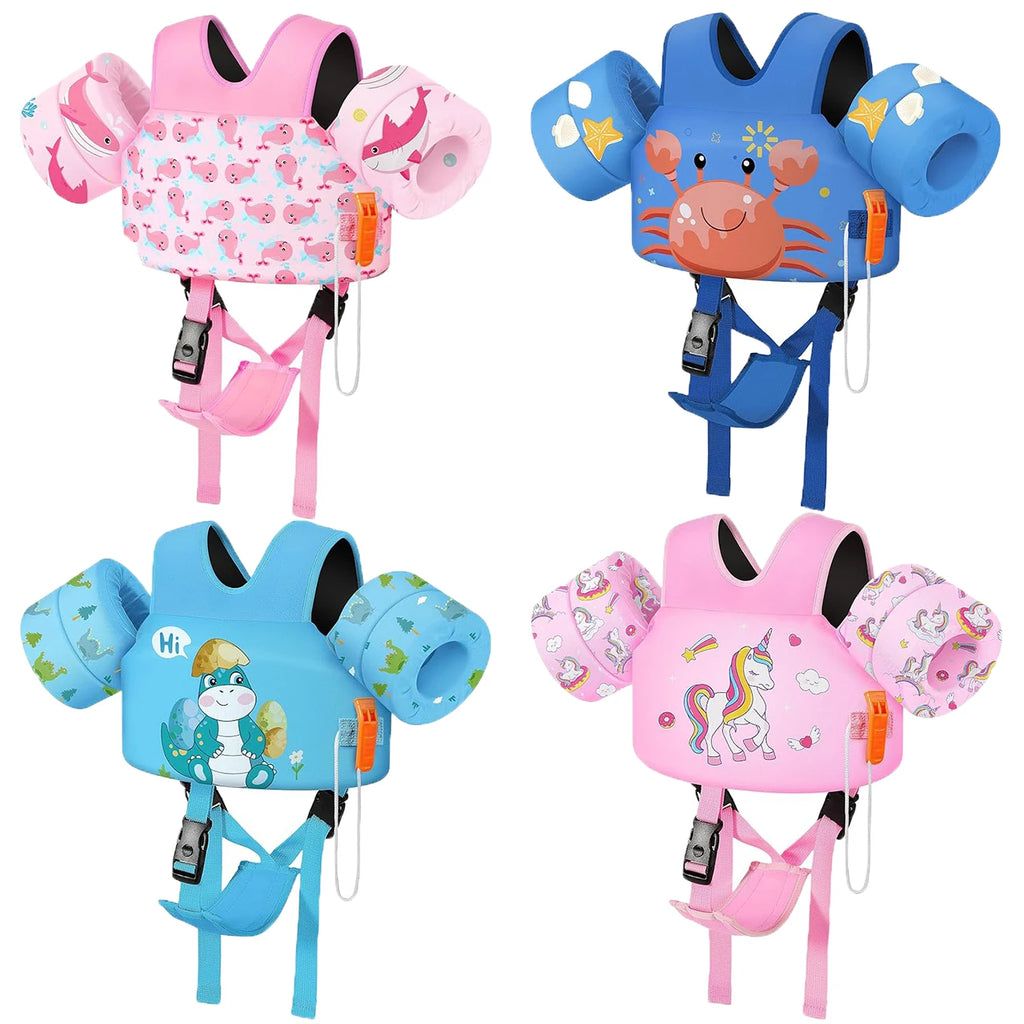 Gilet de natation pour tout-petits, brassards de natation pour enfants 7 à 32 kg, flotteurs de piscine à motifs avec sangle d'entrejambe pour enfants