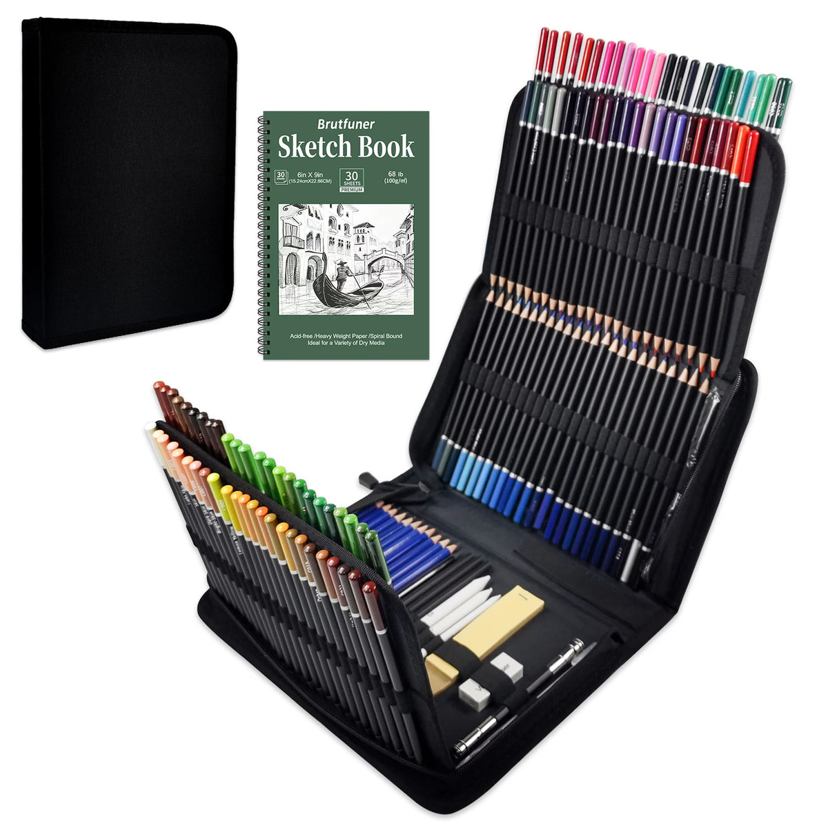 Set di disegno con matite grafite e carbone e quaderno a 3 colori per sfumare