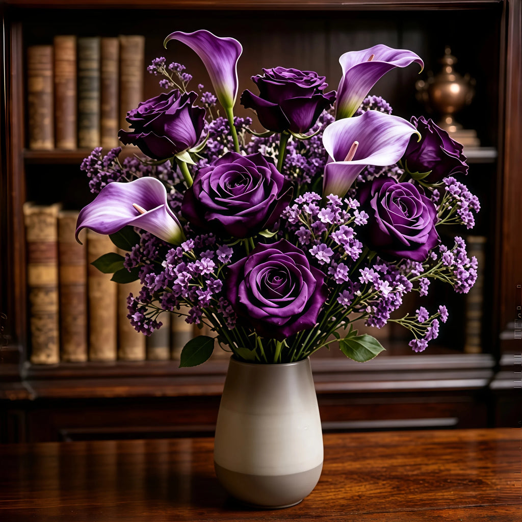 Bouquet di Fiori Artificiali Viola – 3 Rose, 3 Calle, 10 Gypsophila, Senza Vaso
