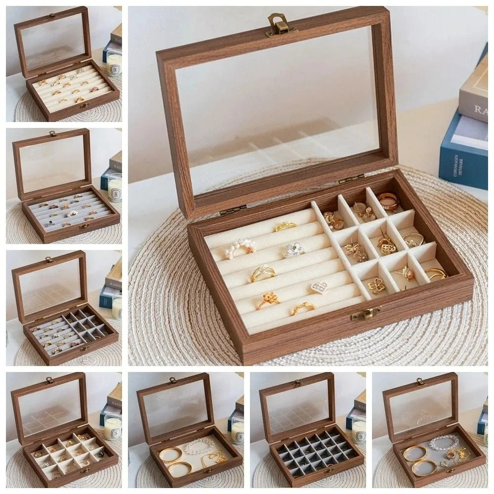 Convenient Elegant Wood Jewelry Box Glass Lid Dust-proof Earrings Display Tray Storage Box Velvet Jewelry Organizer Home