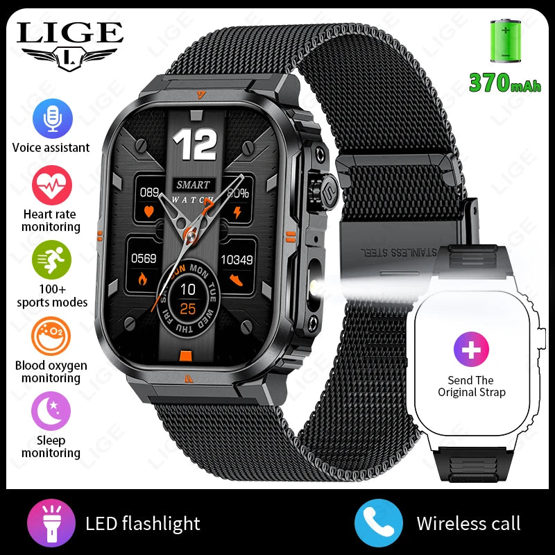 Smartwatch sportivo 2.01\" HD con chiamata, assistente vocale, torcia - IP68