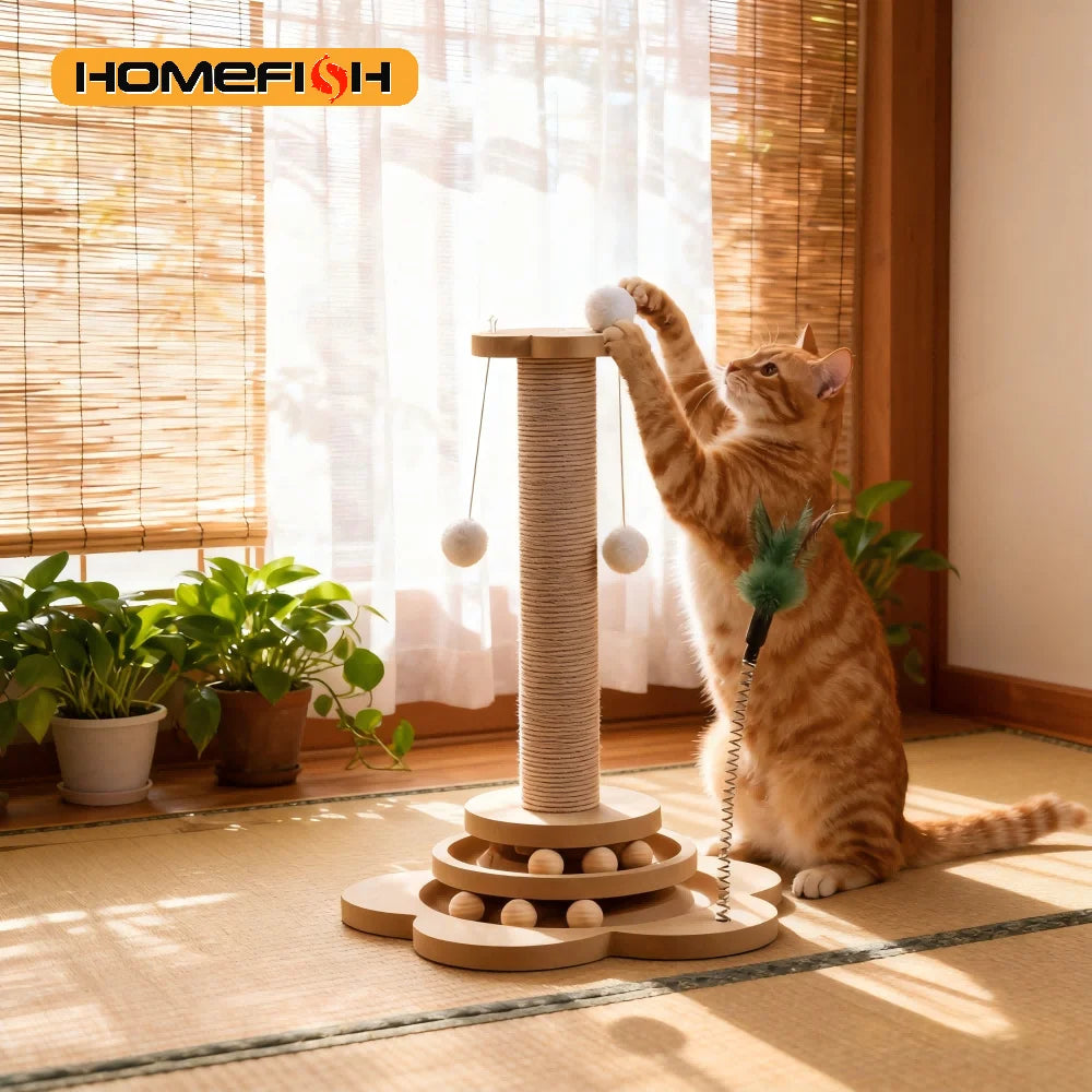 Gioco Gatto in Legno con Disco Rotante e Palline – Tappetino Graffiabile Sisal