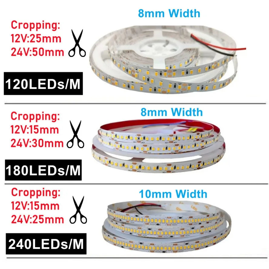 1/2/3/5/10m/lot 10mm PCB 2835 SMD 1200 LED Strip tape DC12V 24V ip20 Non waterproof Flexible Light 240 leds/m,180 leds/m,