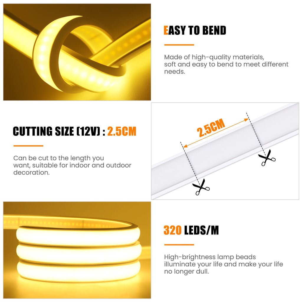 Striscia LED Neon 5V USB, 320 LED/m, dimmer, IP68, luce calda/bianca