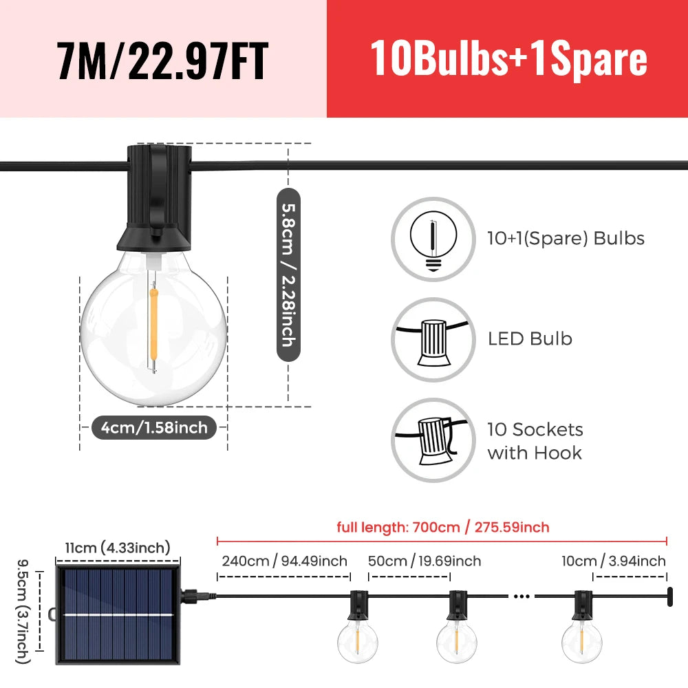 Catena LED solare G40 White con telecomando, 8 modalità, luminosità regolabile