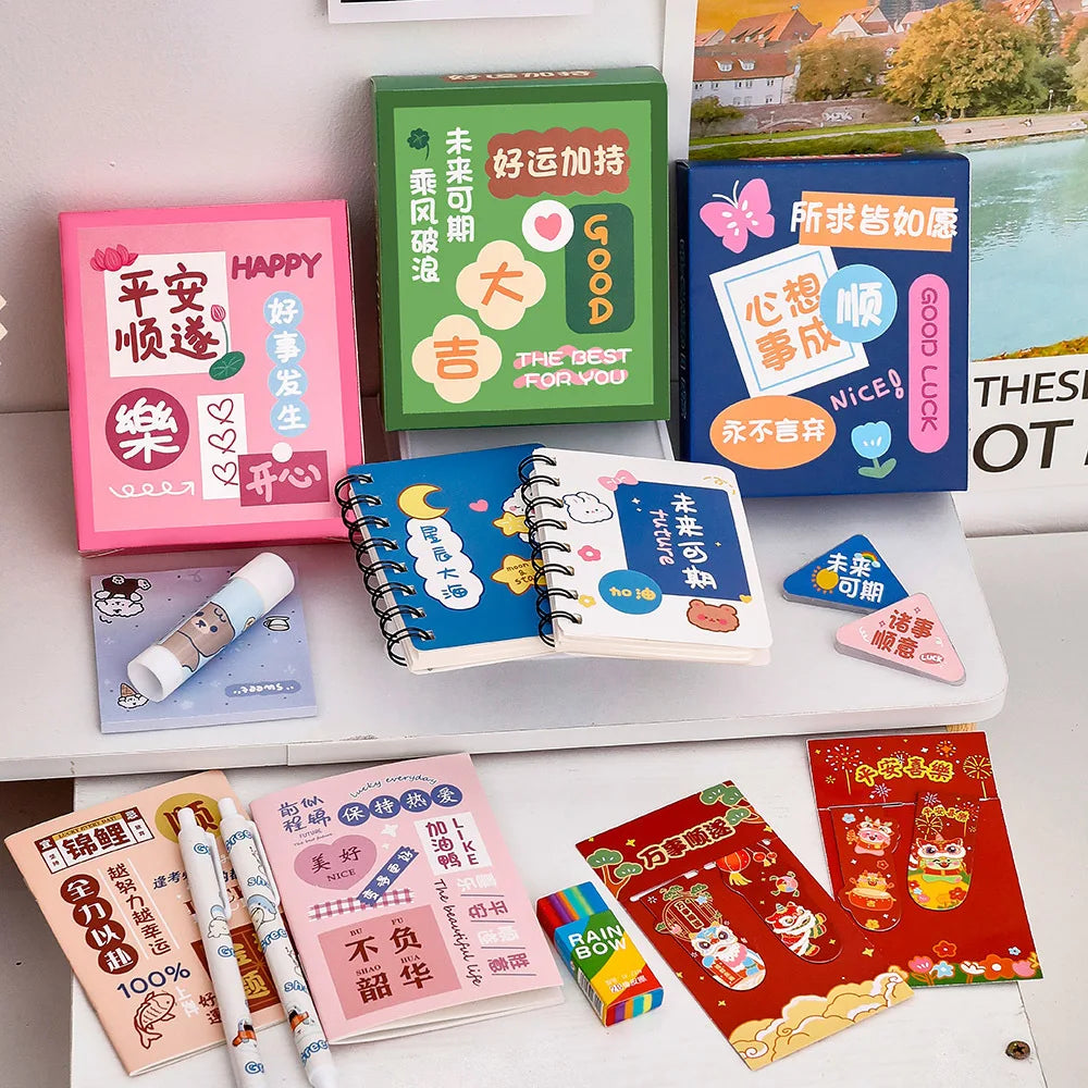 Set di cancelleria kawaii 5 pezzi: penna gel, adesivi, gomme e post-it