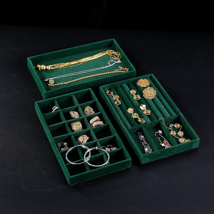 Jewelry Organizer Velvet Jewelry Storage Tray Display Ring Bracelet Necklace Storage Box Showcase Drawer Organizer Trays-Green