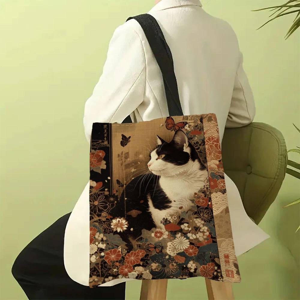 Borsa tote quadrata in lino bianco e nero con stampa gatto – shopper…
