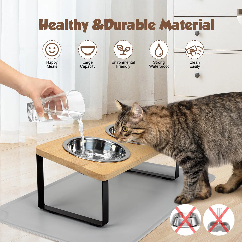 Ciotole elevate per gatto con vassoio antiscivolo, 15° inclinato, 2 ciotole inox