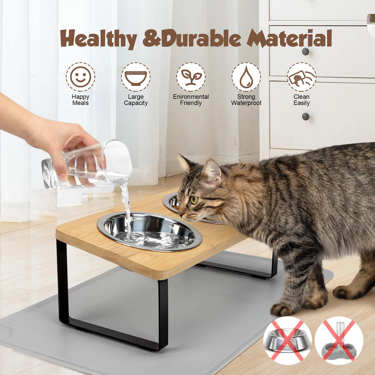 Ciotole elevate per gatto con vassoio antiscivolo, 15° inclinato, 2 ciotole inox