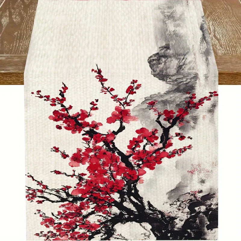 Runner da tavola in lino con stampa fiori di ciliegio e montagna d'acqua