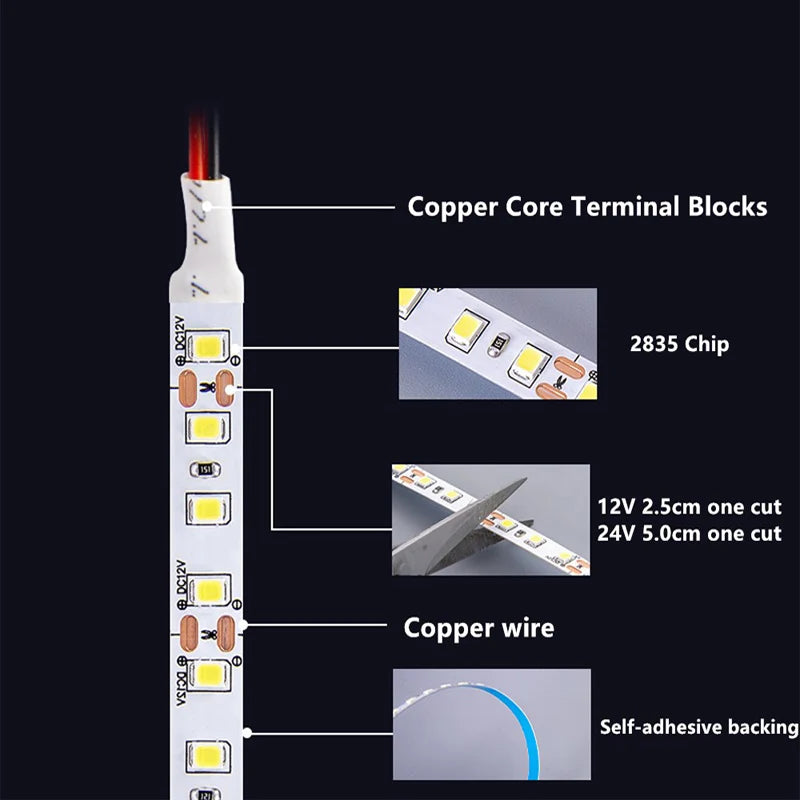 Striscia LED 12V 2835 60/120 LED/m – fino a 5 m, 3000‑6000 K, alta resa luminosa