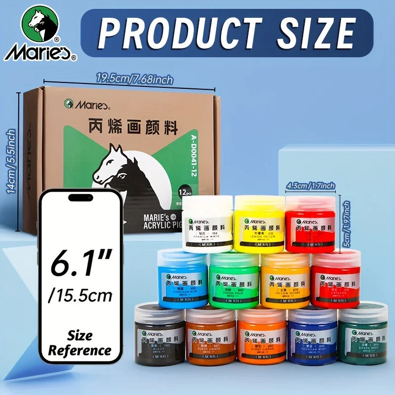 Set Acrylic Paint 12 Colori 50ml per Pittura su Tela, Legno, Vetro e Porcellana