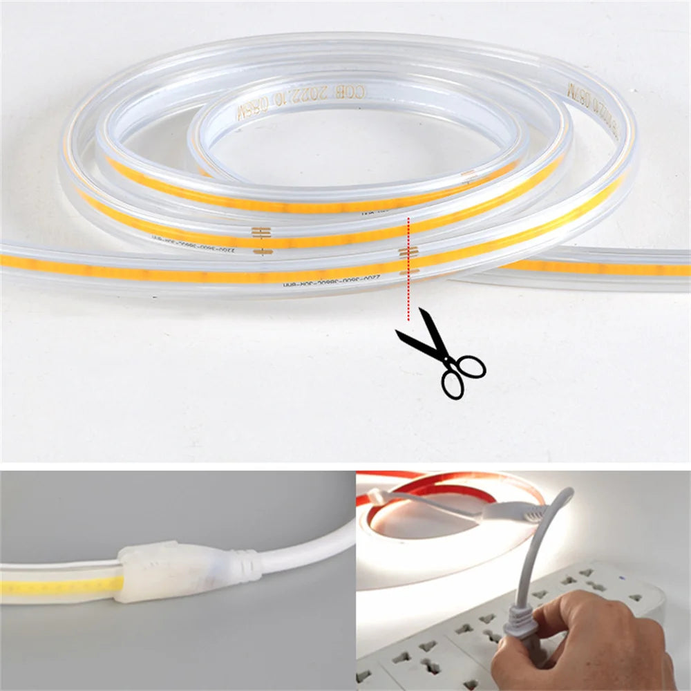 Striscia LED COB 220V ad alta luminosità, flessibile e autoadesiva