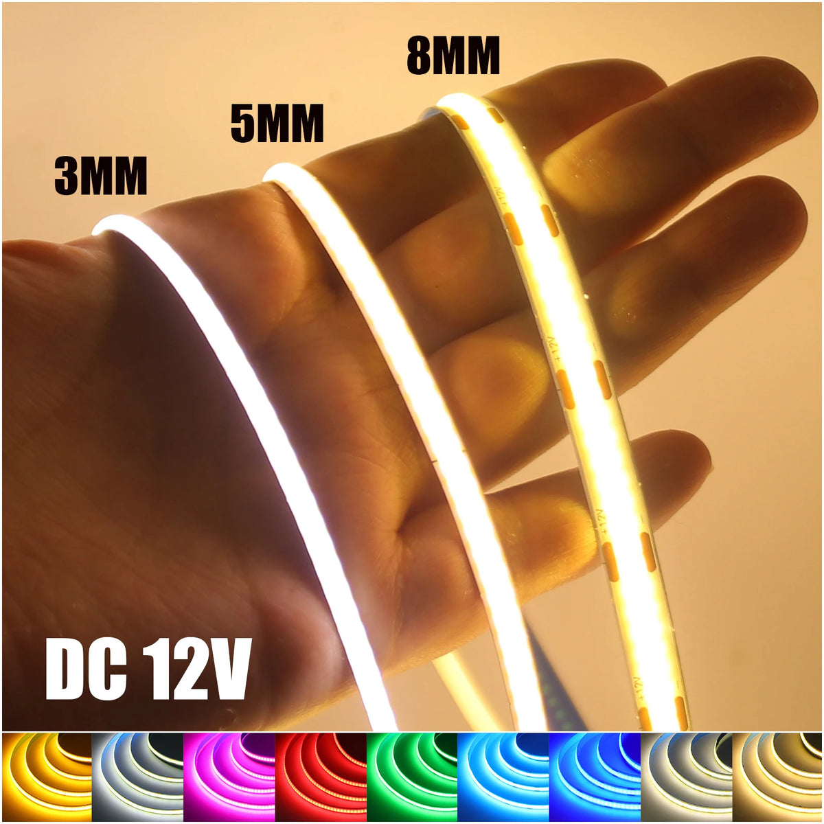 Striscia LED COB 12V flessibile 3/5/8 mm – 0,5‑5 m, 9 colori, alta resa…