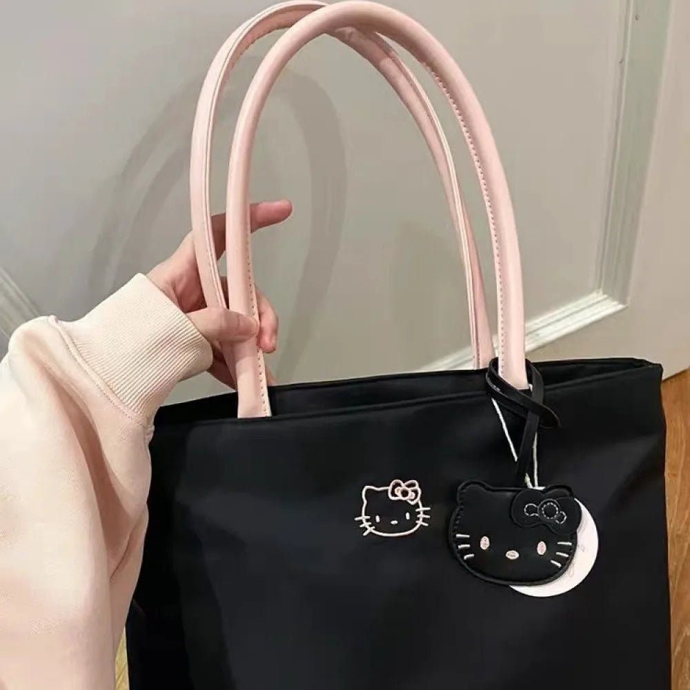 Borsa tote capiente con ricamo gatto, leggera e fresca per donna