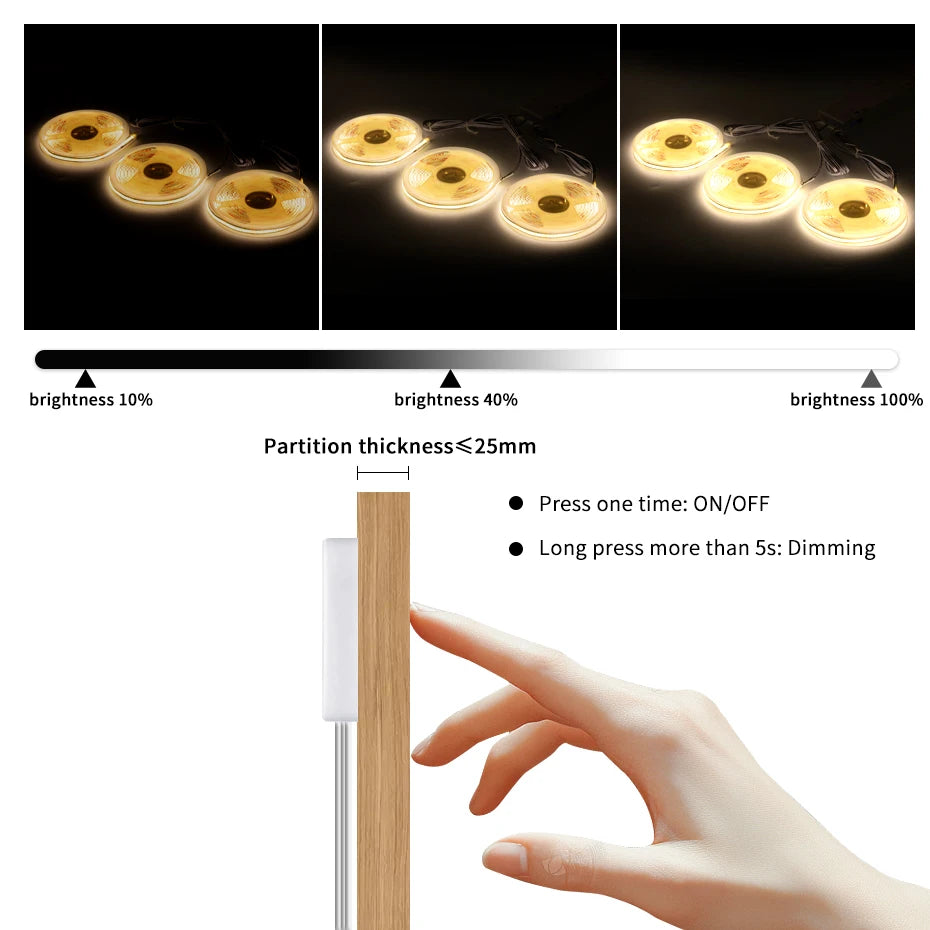 1m-5m COB Led Strip Cabinet Light DC 24V Penetrable Wood Touch Dimmer Switch Wardrobe Cupboard Showcase Pantry DIY Lights Strip