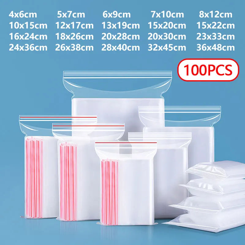 100 sacchetti ZipLock trasparenti riutilizzabili per alimenti e oggetti