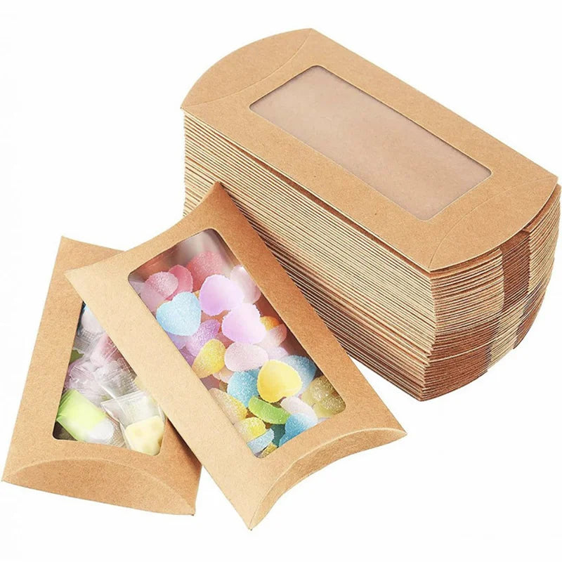 10/20/30/50/pcs Pillow Shape Candy Box with Window Wedding Christmas Kraft Paper Gift Packaging Boxes Birthday Party Supplies