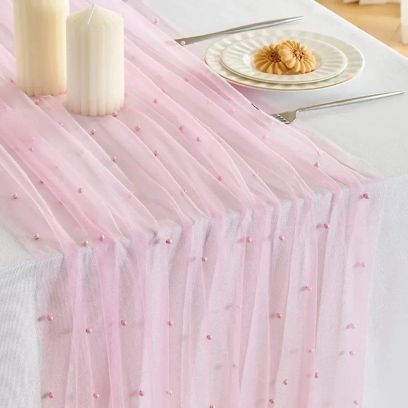 75x200cm Pearl Tulle Table Runner Polyester Beaded Mesh Wedding Veil Bouquet Wrapping Party Bridal Decorations DIY Tablecloth