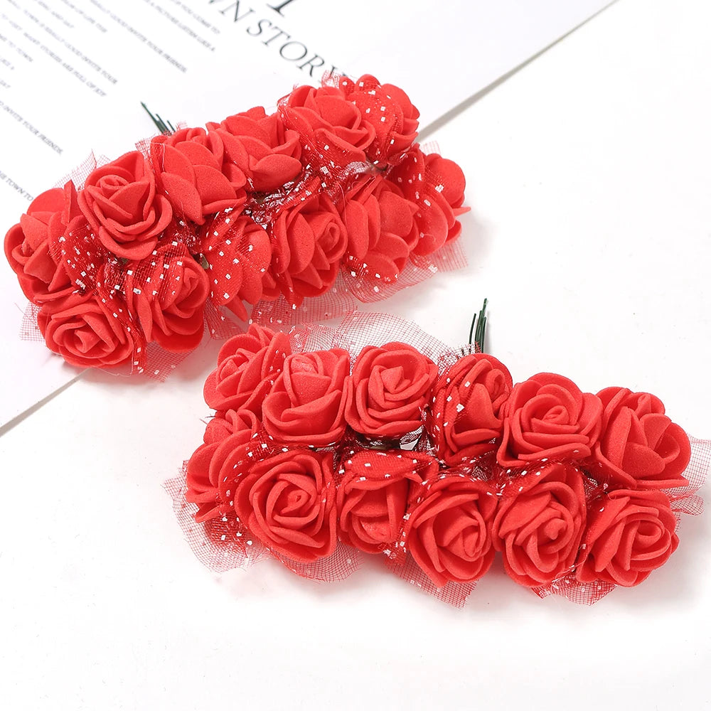 96Pcs Mini Rose Artificial Flowers Bouquet 7.5cm Foam Fake Flowers Wedding Decoration for Home Room Decor DIY Gifts Accessories