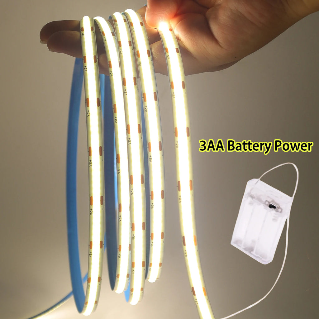 Striscia LED COB 5V 320 LED/m, alimentata da 3 AA, colori 3000‑6000K, 0,5‑5 m