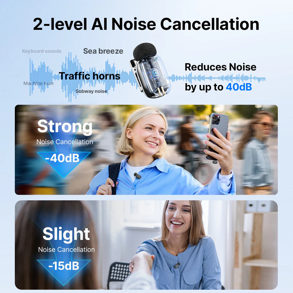 Microfono Lavalier Wireless Mini – Riduzione Rumore AI, iPhone e Android