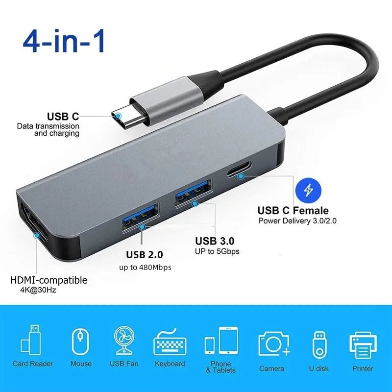 Hub USB‑C 5 porte: HDMI 4K 30 Hz, PD 87 W, USB 3.0 e USB 2.0 in metallo