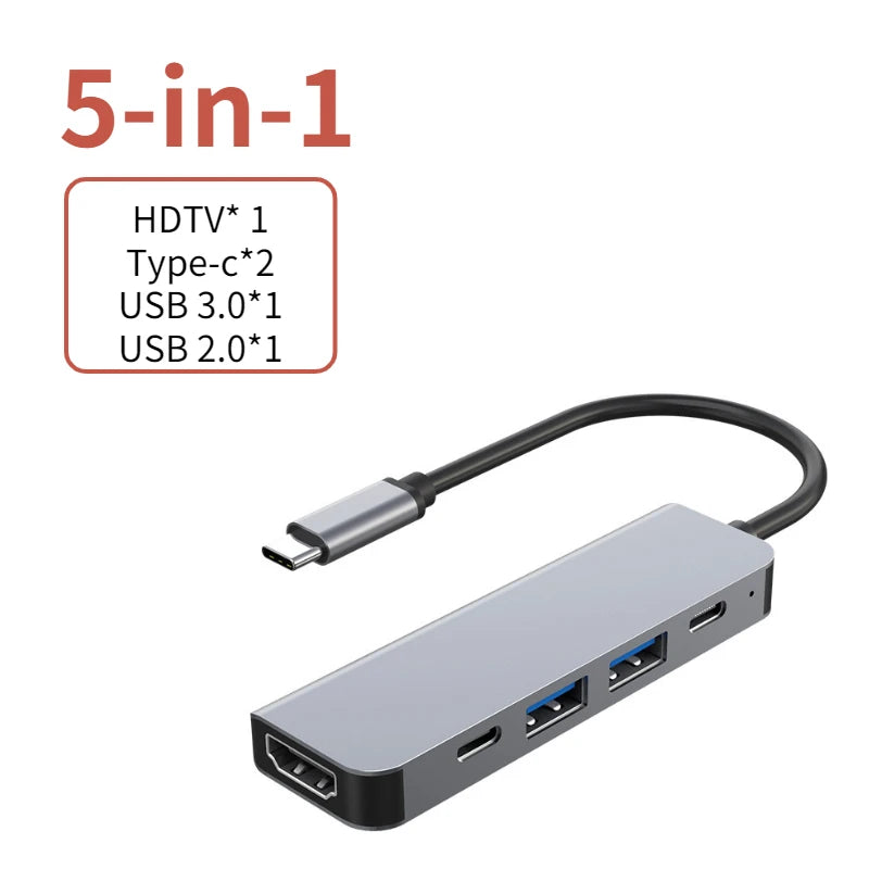 Hub USB‑C 4K HDMI con ricarica PD, USB 3.0/2.0 e slot SD/TF – 5 porte