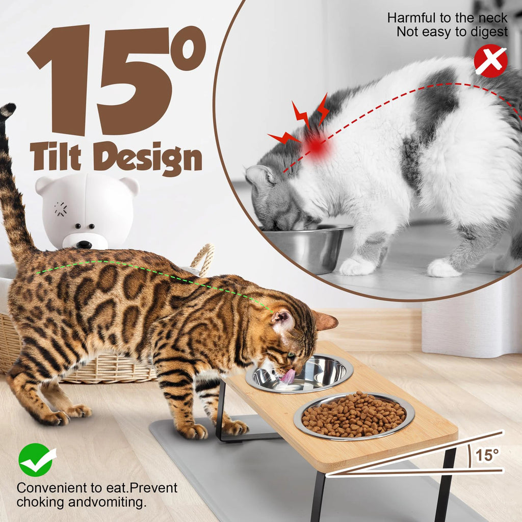 Ciotole elevate per gatto con vassoio antiscivolo, 15° inclinato, 2 ciotole inox