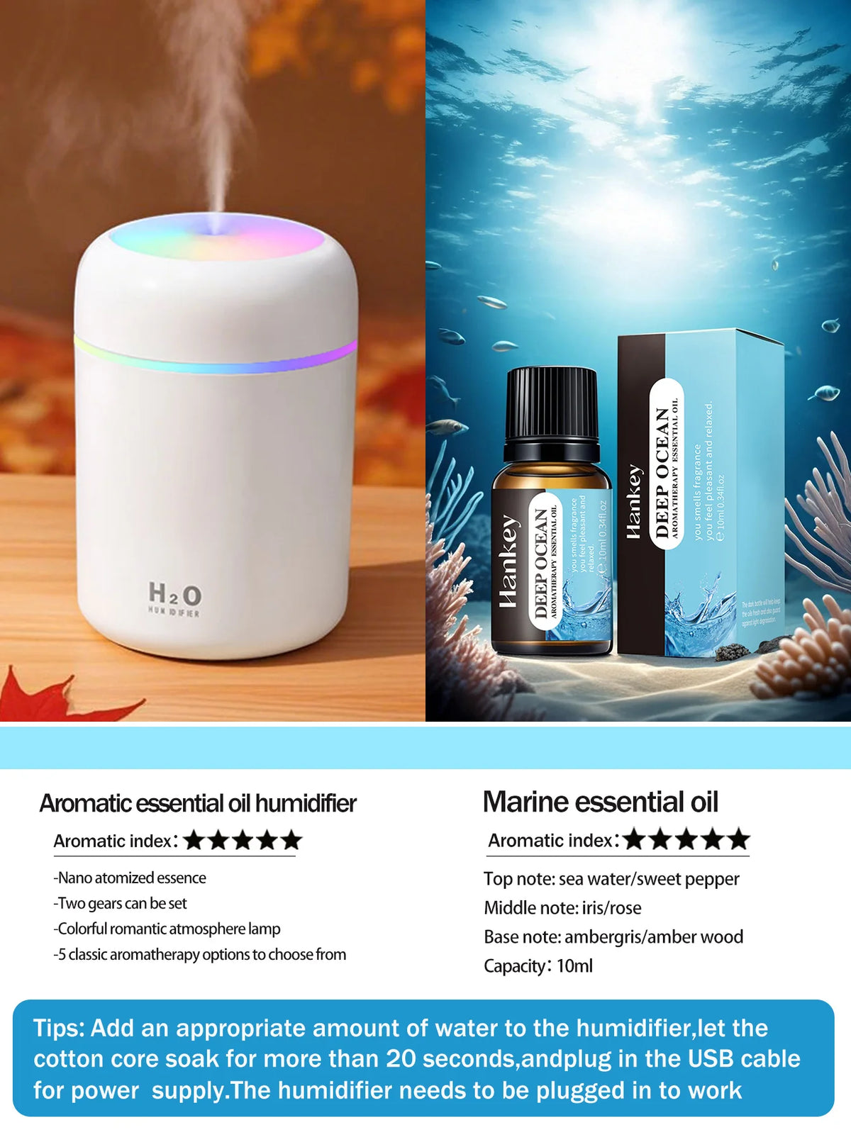Diffusore Aromaterapico 300ml USB Luce a 7 Colori, Umidificatore per Casa e Auto