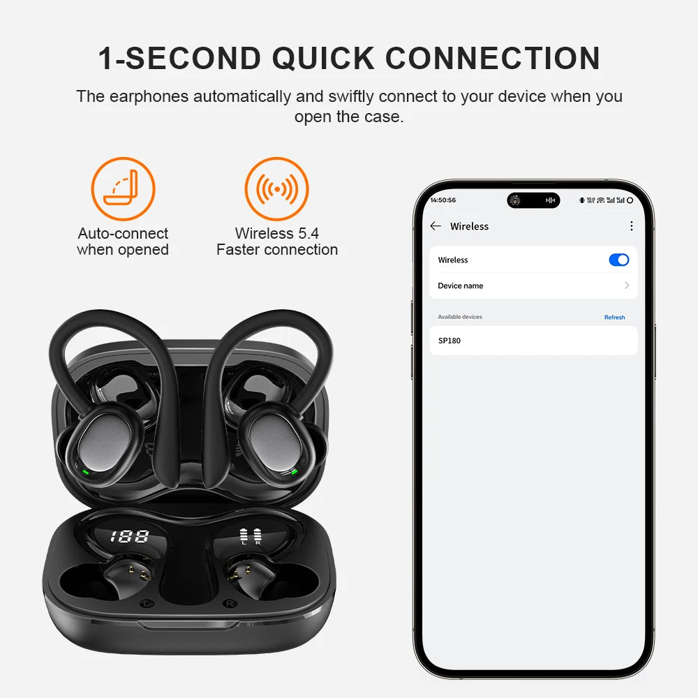Cuffie true wireless sport con microfono, suono Hi‑Fi e design a gancio