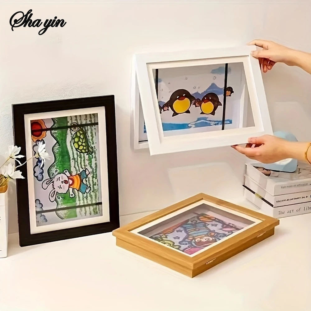 Flip Up Wooden Photo Frame, Magnetic Suction Frame, A4 Children's Photo Frame, Storage Frame, Art Work Certificate Frame