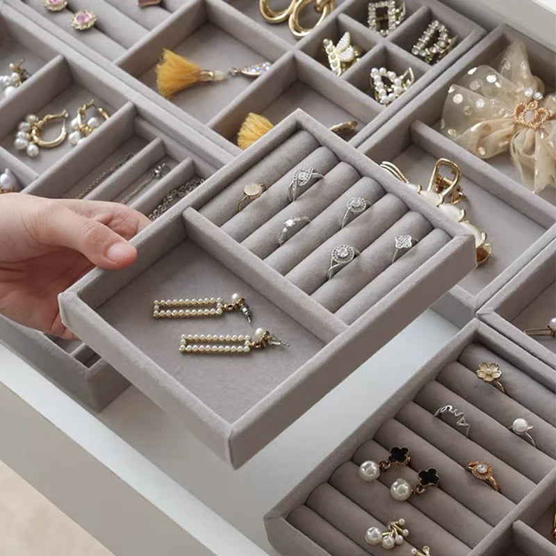 Velvet Jewelry Display Tray Case Stackable Exquisite Jewellery Holder Portable Ring Earrings Necklace Organizer Box Hot Sales