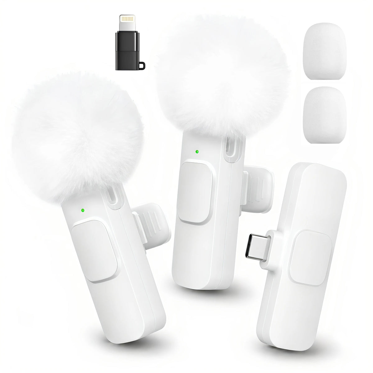 Wireless Mini Lavalier Clip Mic with Furry Windscreen, Dual‑Port Type‑C & Lightning Adapter for iPhone, Android, Tablets, Laptop