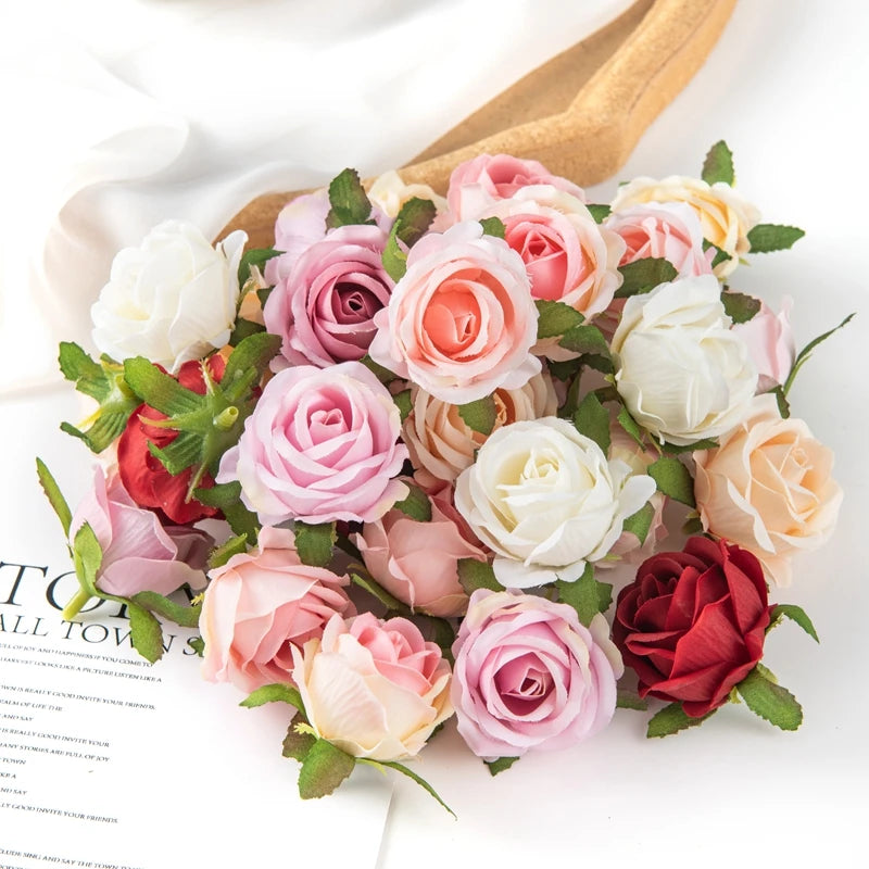 100PCS Artificial Flowers Diy Candy Box Cake Home Decor Christmas Decorative Wreaths Wedding Party Garden Roses Arch Silk Fake
