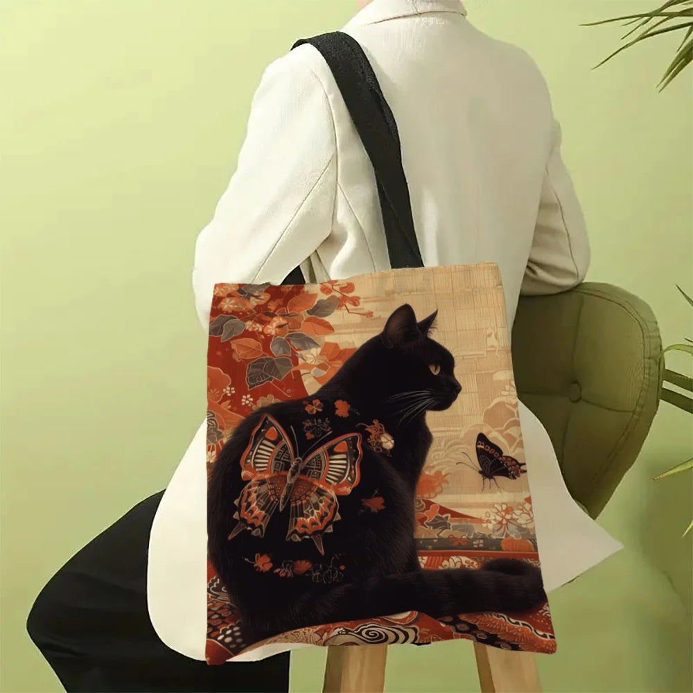 Borsa tote quadrata in lino bianco e nero con stampa gatto – shopper…