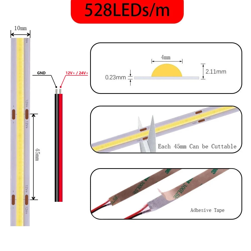 Striscia LED COB ad alta densità 480/528 LED/m – luce bianca calda, naturale,…