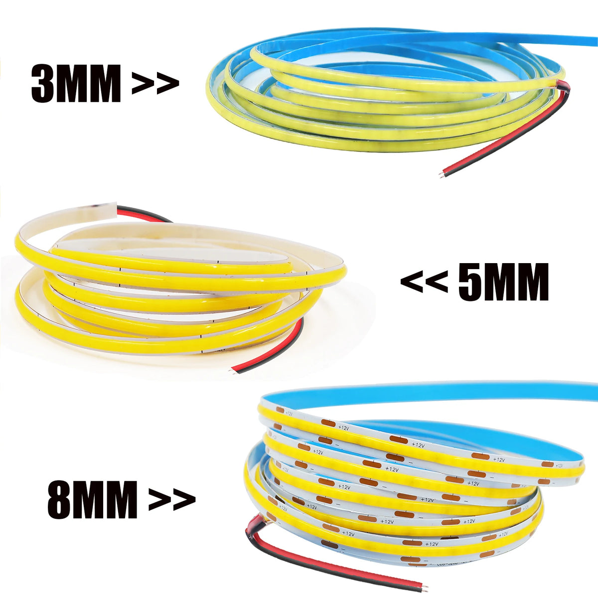 Striscia LED COB 12V flessibile 3/5/8 mm – 0,5‑5 m, 9 colori, alta resa…