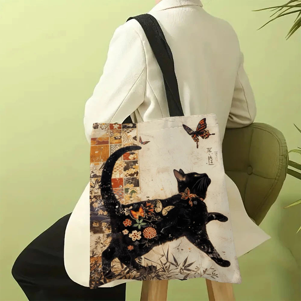 Borsa tote quadrata in lino bianco e nero con stampa gatto – shopper…