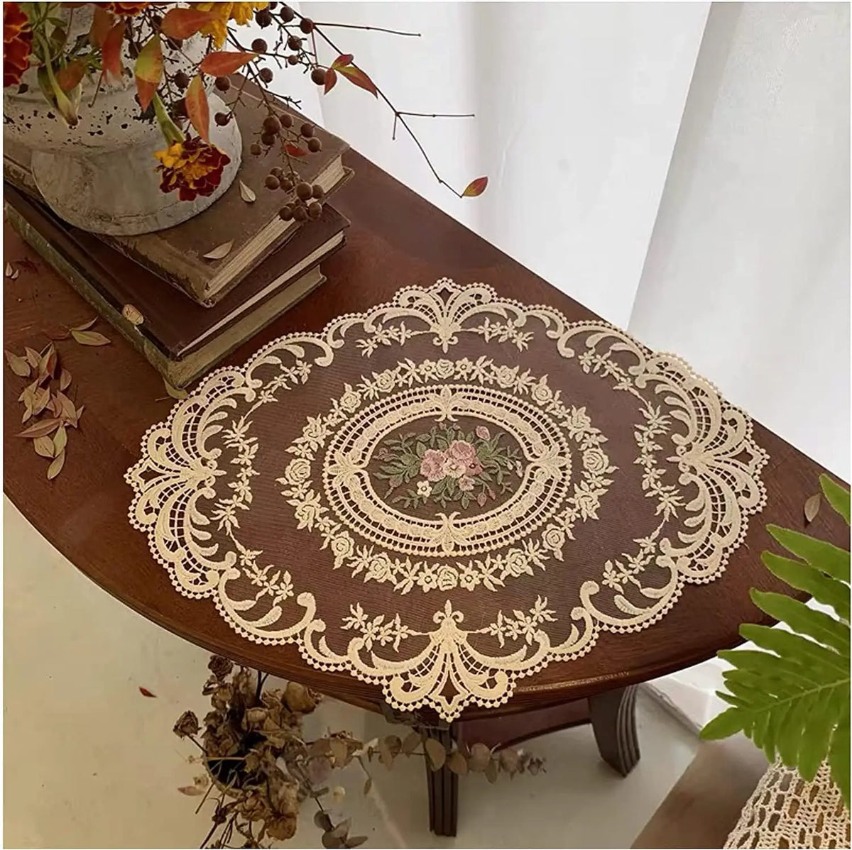 Large Beige Retro Lace Placemats, French Crochet Doilies, Handmade Embroidered Table Mats, Place Mats Cup Mat