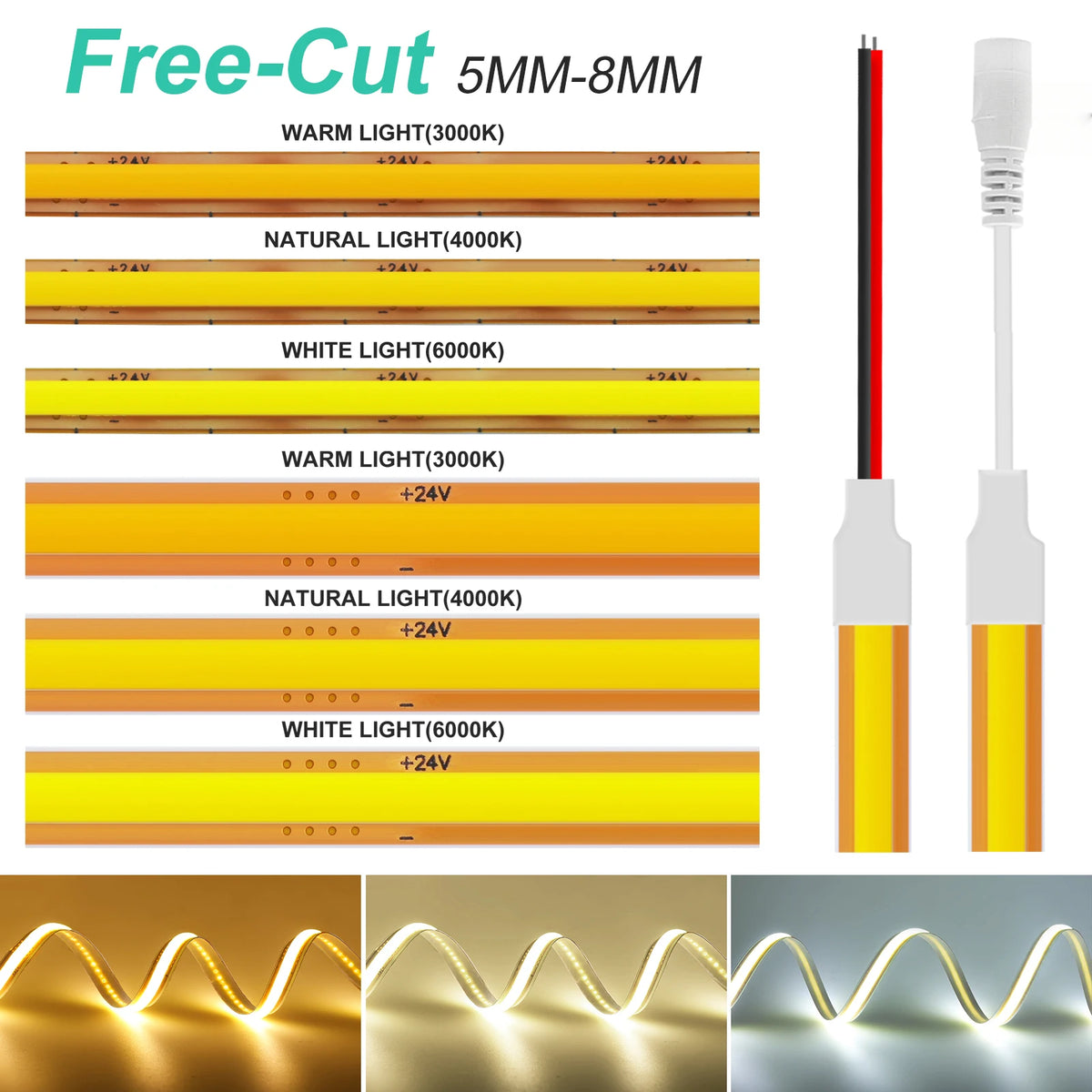 Striscia LED COB 5mm/8mm 400 LED/m 12V-24V Taglio Libero, 3000-6500K