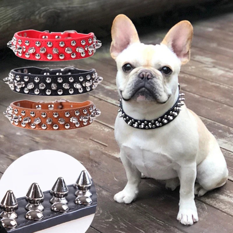 Collare per cane e gatto in pelle PU regolabile con rivetti punk e punte