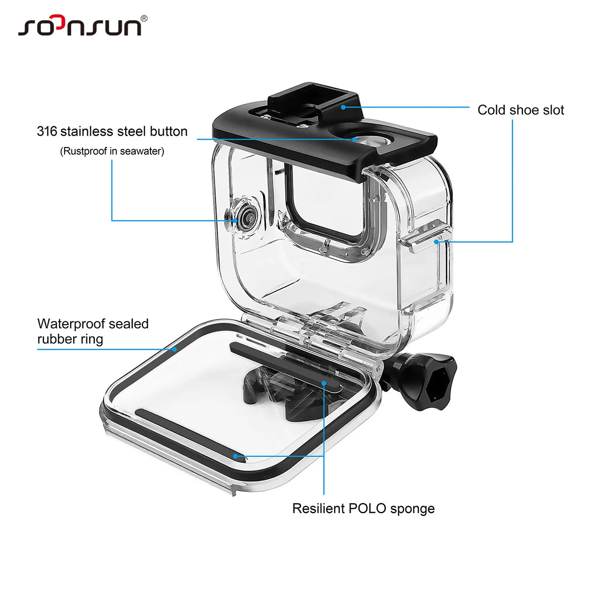Custodia impermeabile 60 m per GoPro Hero 8 Black con doppio slot cold shoe